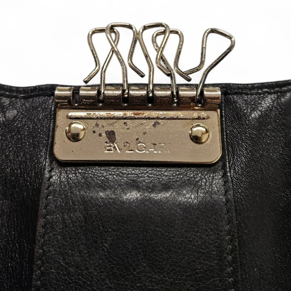 Bvlgari Colore Calf Leather Key Holder Wallet In Black And Gold